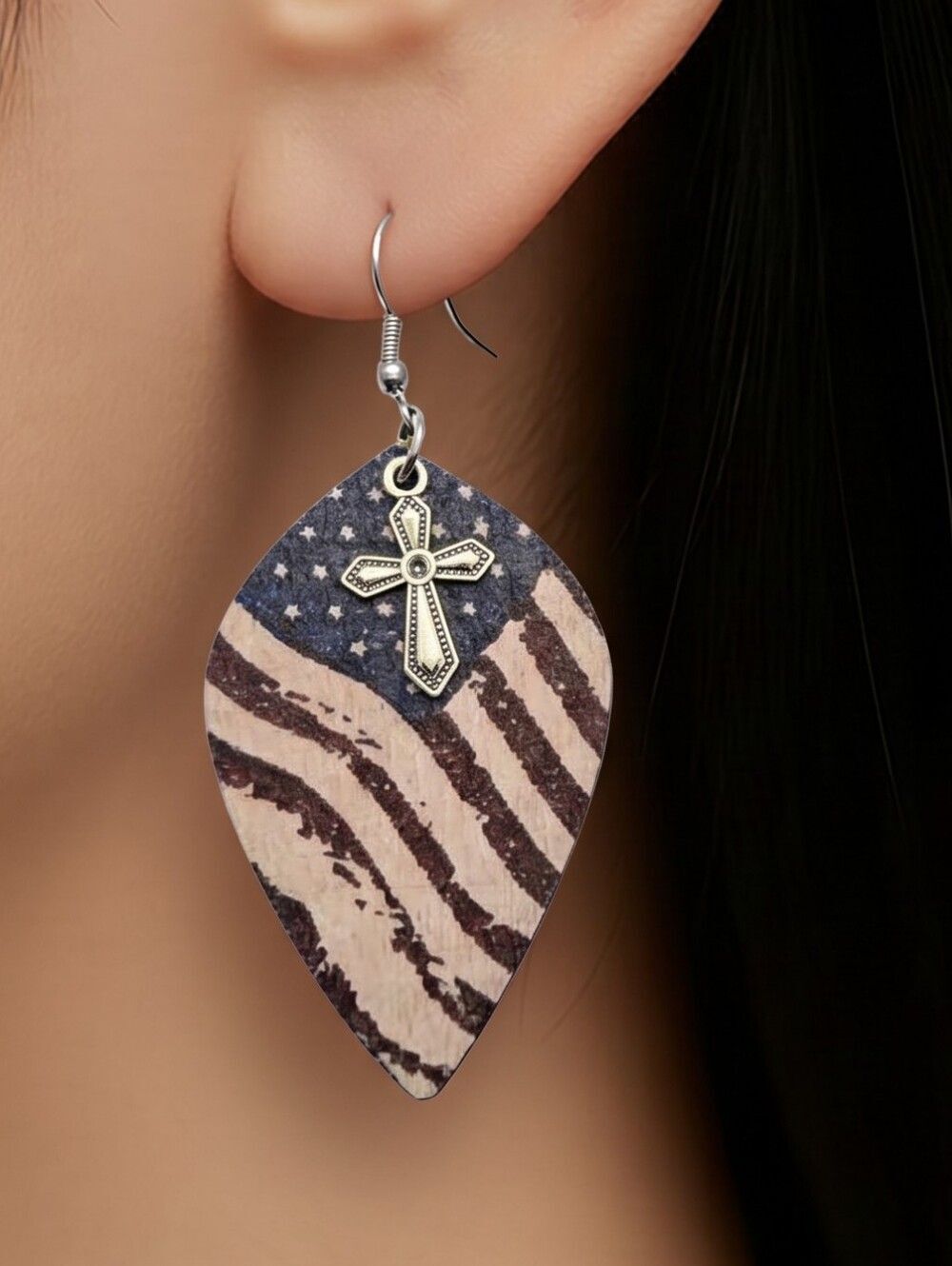 Patriotic Cross Earrings American Flag Wood Striped Teardrop Dangle Hook Jewelry